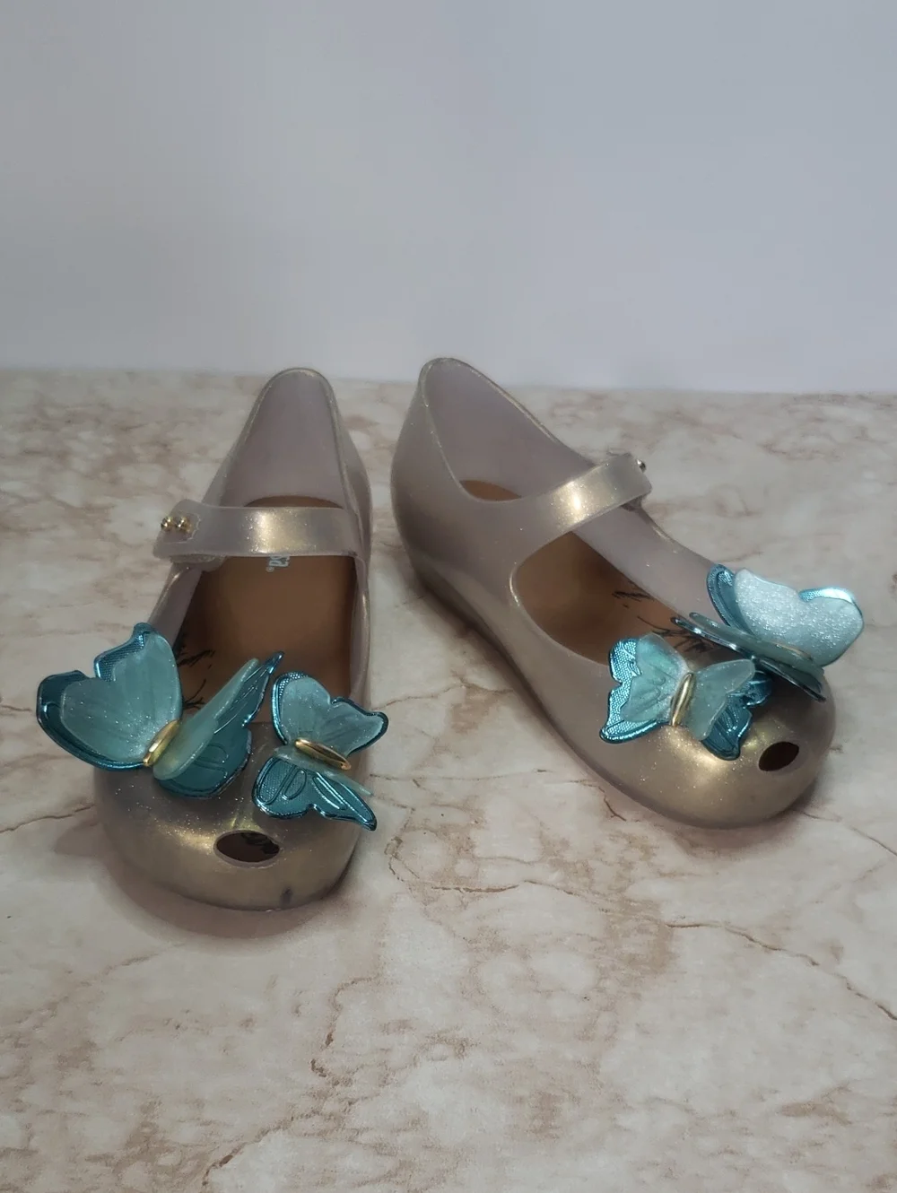 Mini Melissa Girls Metallic Gold Mary Jane Flats with Blue Butterfly Accent 10